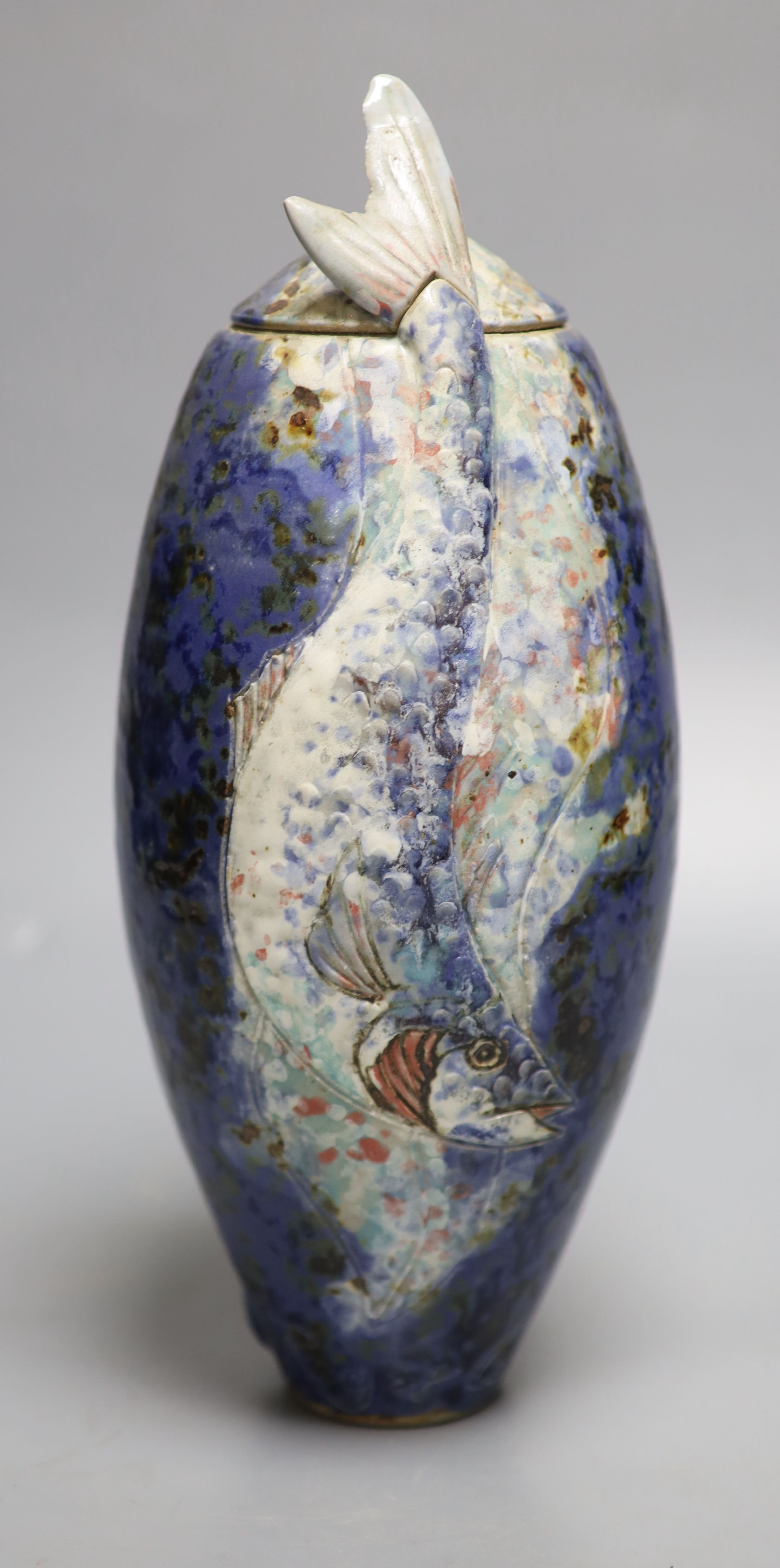 Roger Cockfan pottery fish vase and cover, height 29cm